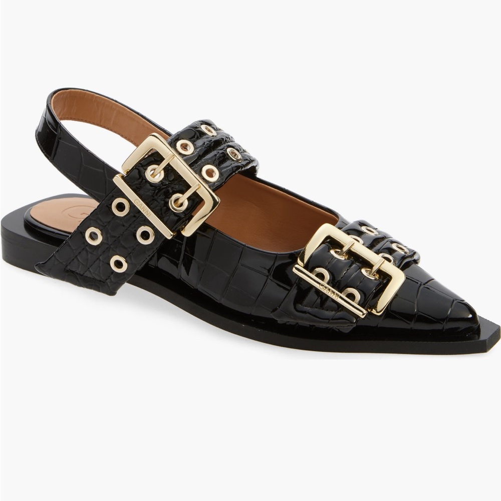 💫Ganni Black Patent Python Gold Buckle Ballerinas